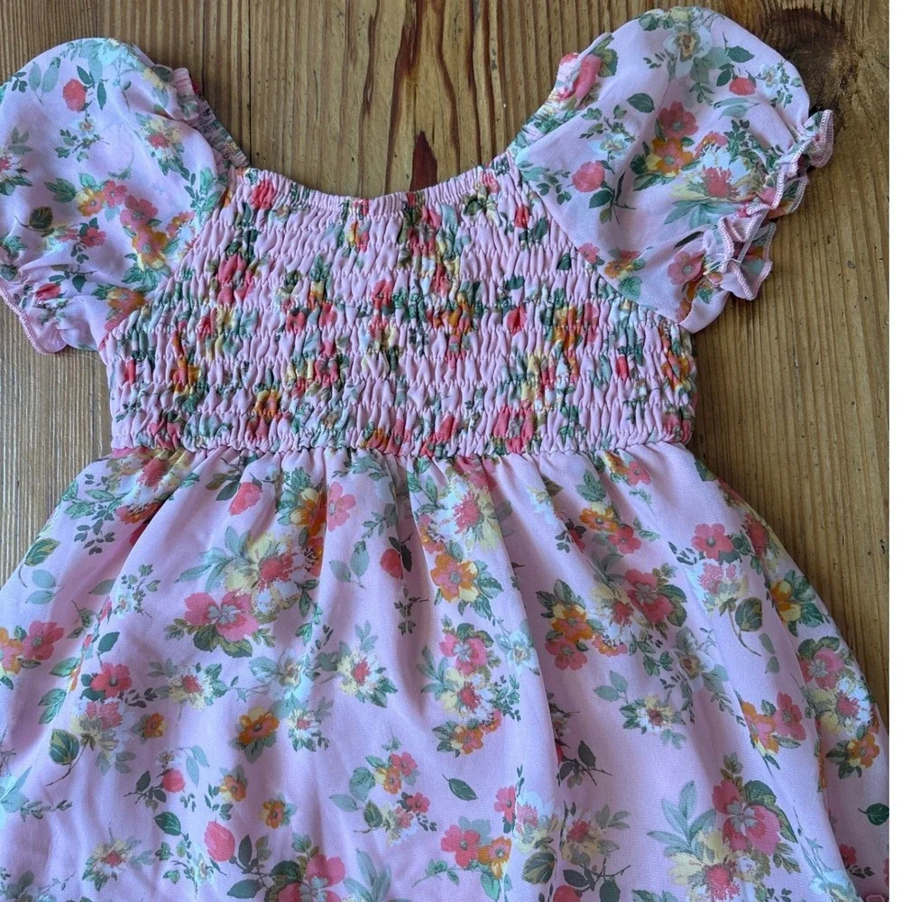 Zenzi Floral‎ Dress Kids Pink Smocked Puff Sleeve Tiered Chiffon SIZE XS 4/5